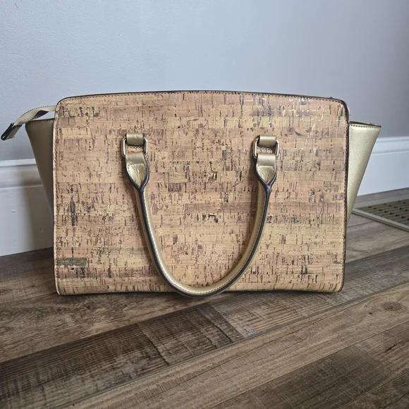 Anne Klein Metallic Cork & Gold Satchel Handbag - Chic Structured Tote - Picture 2 of 7